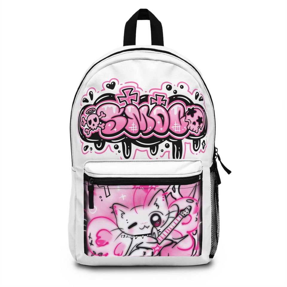 Kawaii Pink Graffiti Cat Backpack - Street Art School Bag