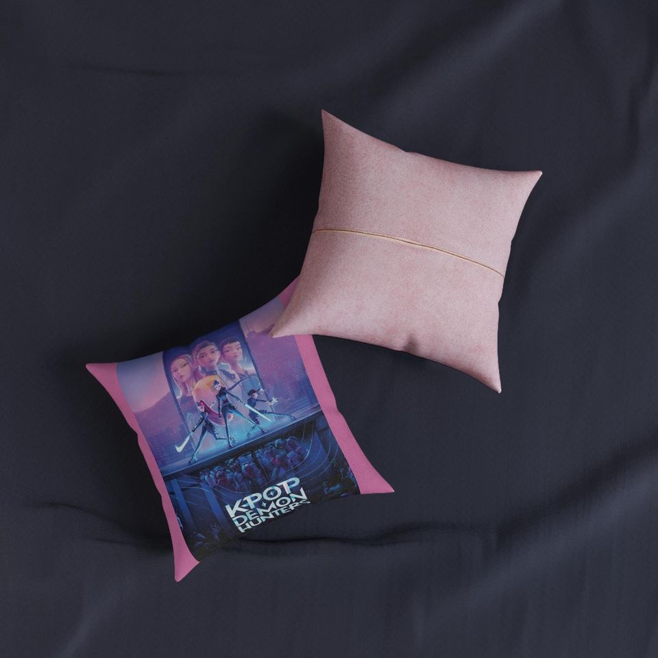 KPOP Demon Hunters Throw Pillow Square Pink Back