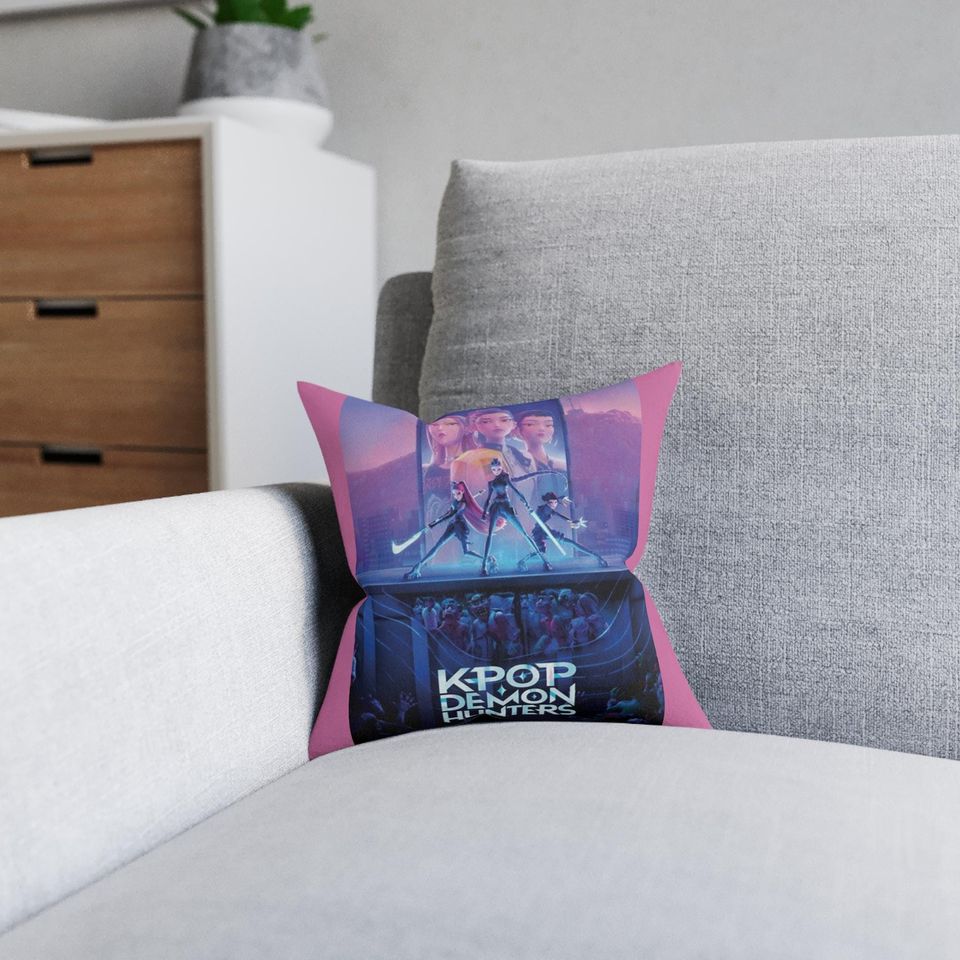KPOP Demon Hunters Throw Pillow Square Pink Back