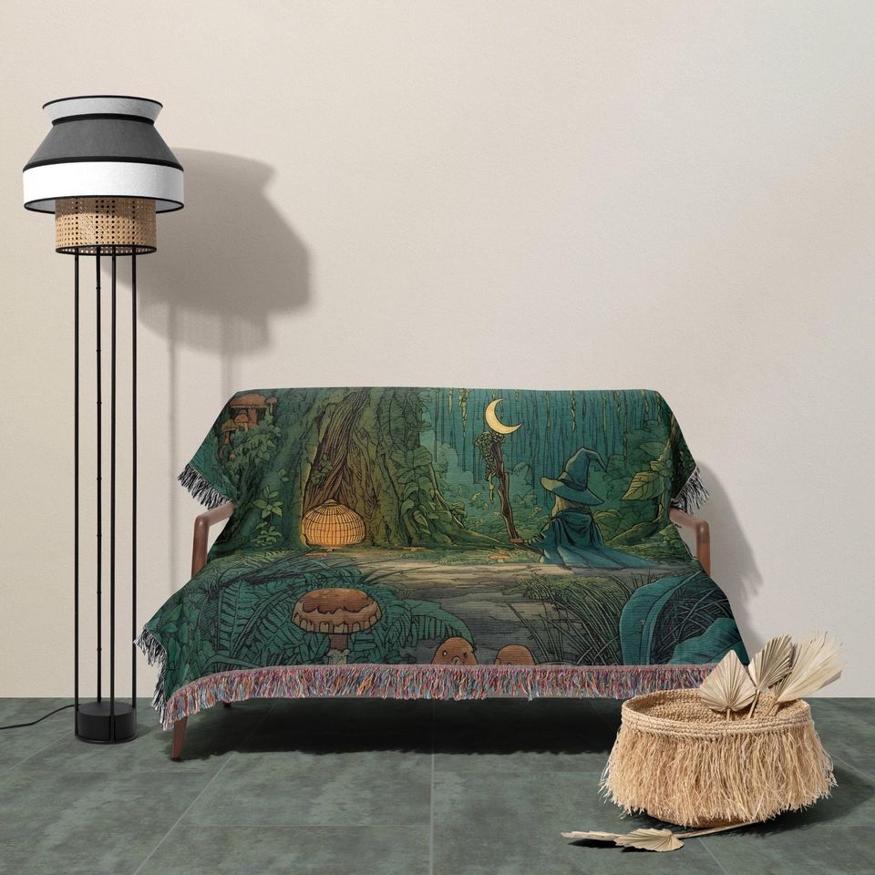 Mystic Wizard Woven Blanket, Enchanted Forest Throw, Moonlit Fantasy Tapestry