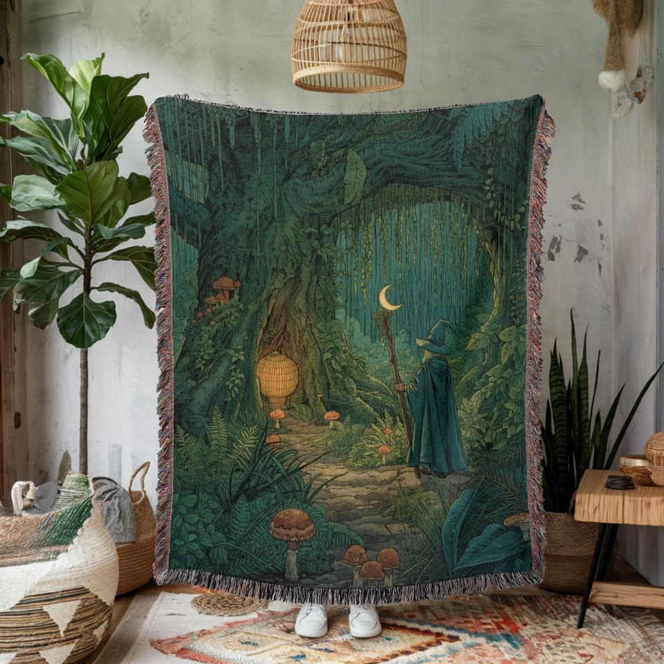 Mystic Wizard Woven Blanket, Enchanted Forest Throw, Moonlit Fantasy Tapestry