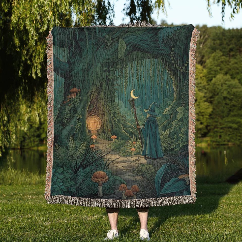 Mystic Wizard Woven Blanket, Enchanted Forest Throw, Moonlit Fantasy Tapestry