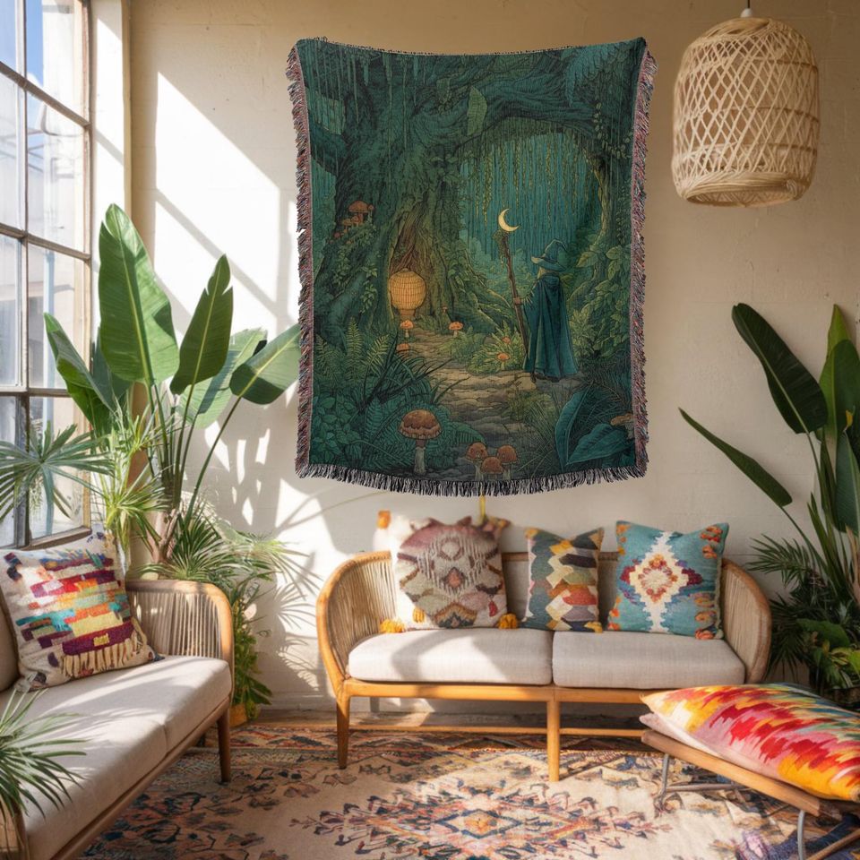 Mystic Wizard Woven Blanket, Enchanted Forest Throw, Moonlit Fantasy Tapestry