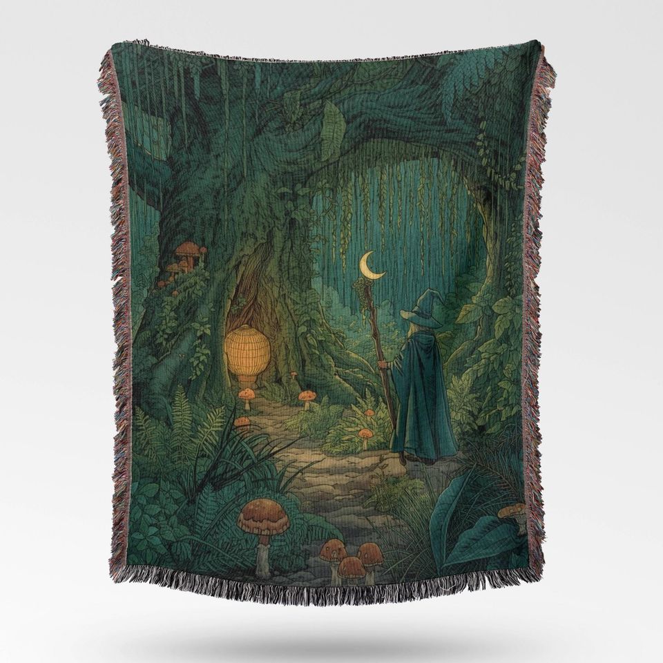 Mystic Wizard Woven Blanket, Enchanted Forest Throw, Moonlit Fantasy Tapestry