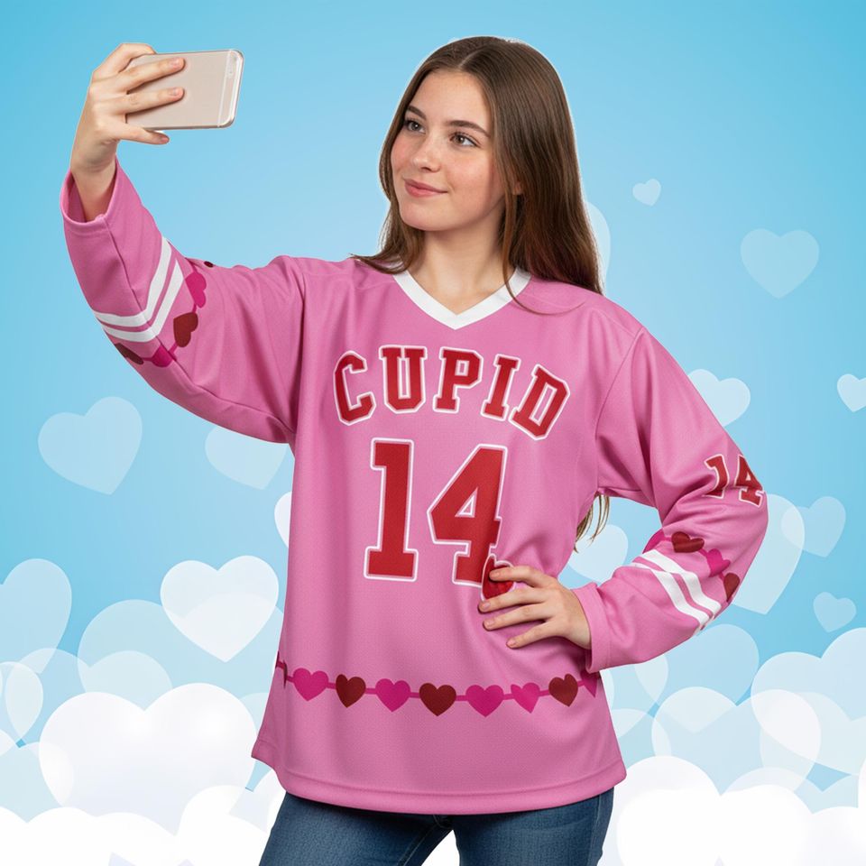 Personalized Name Valentine's Day Hockey Jersey, Custom Your Name Cupid Heart Matching Outfit