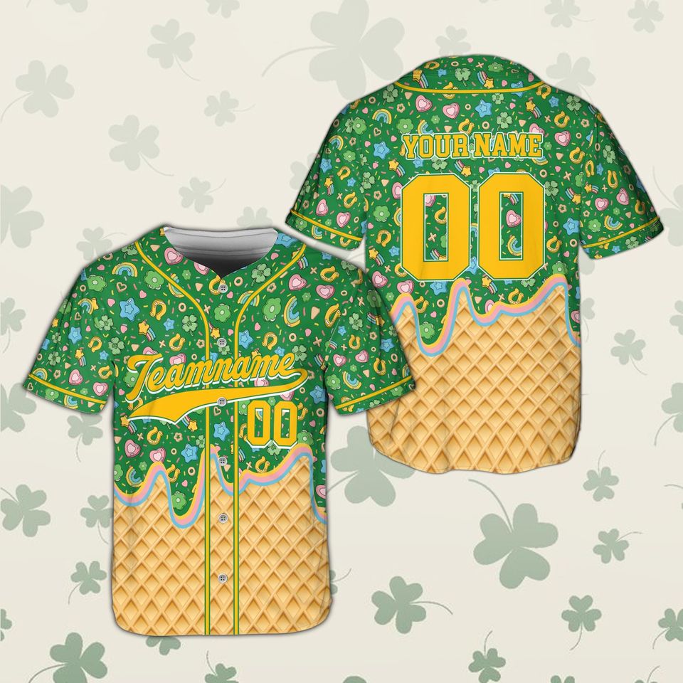 St Patricks Day Lucky Charm Baseball Jersey, Custom Name Number Shamrock Dripping Shirt, Irish Green Festival Outfit for Kids & Adults