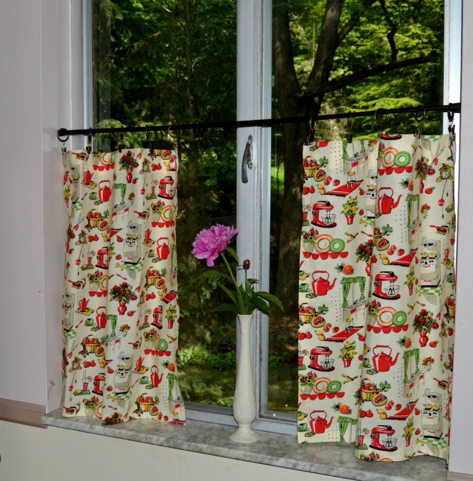 Retro Kitchen Caf Curtains, Mid Century Red Vintage Tier Set, 50’s Style Window Half Curtains