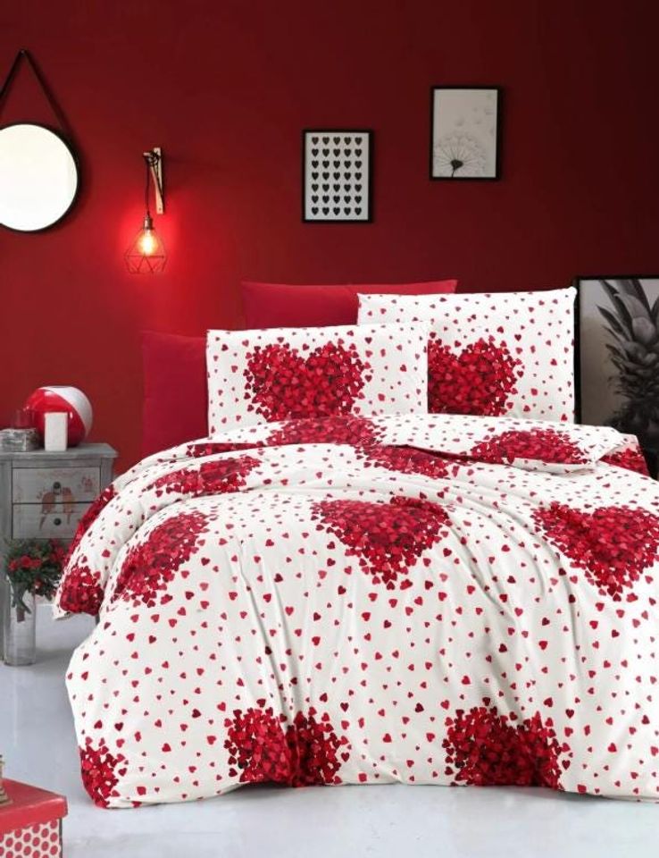 Heart Duvet Cover Set, Romantic Red Ranforce Bedding, Double Layer Bed Linen with Sheets