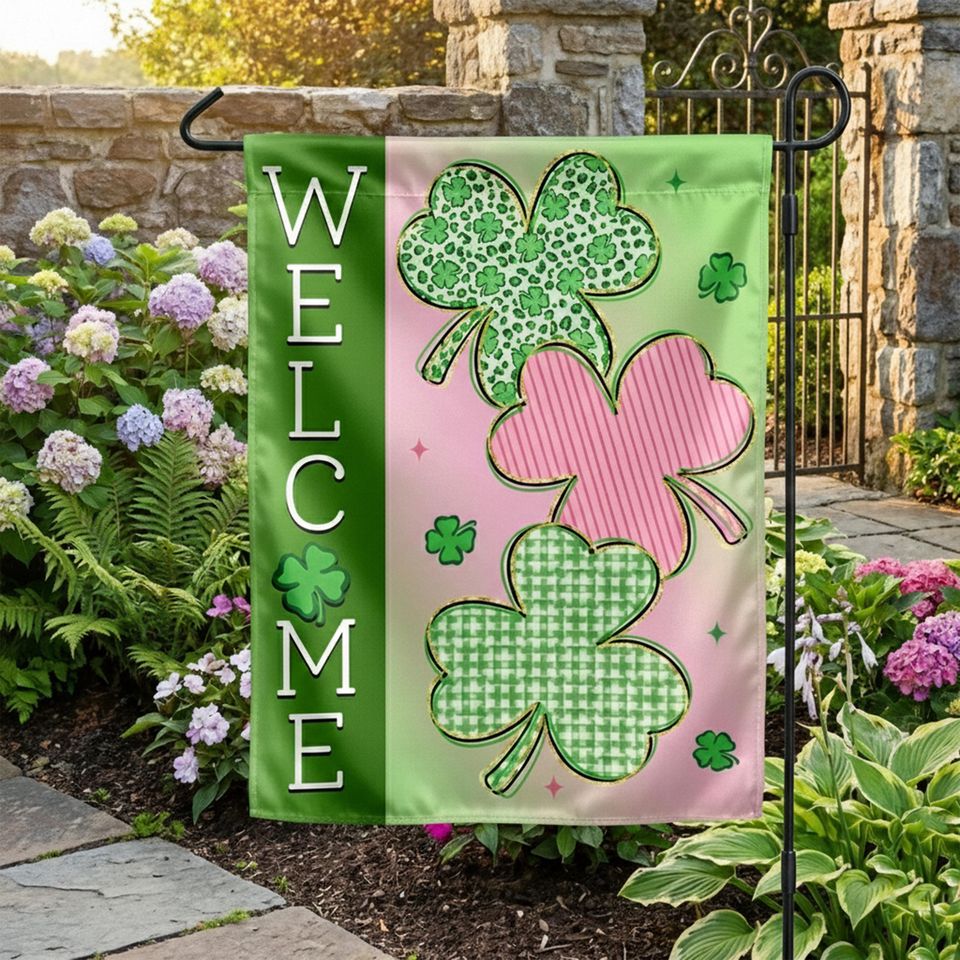 Welcome Shamrock Silk Garden Flag, St Patricks Day Yard Flag, Irish Clover Outdoor Decor, Spring Green Lawn Flag