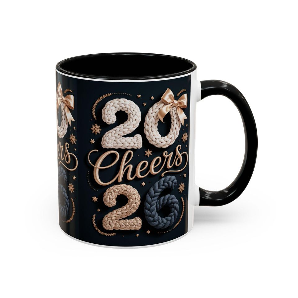 Cheers 2026 New Year Mug, Cozy Knit Style, Ceramic Coffee Cup