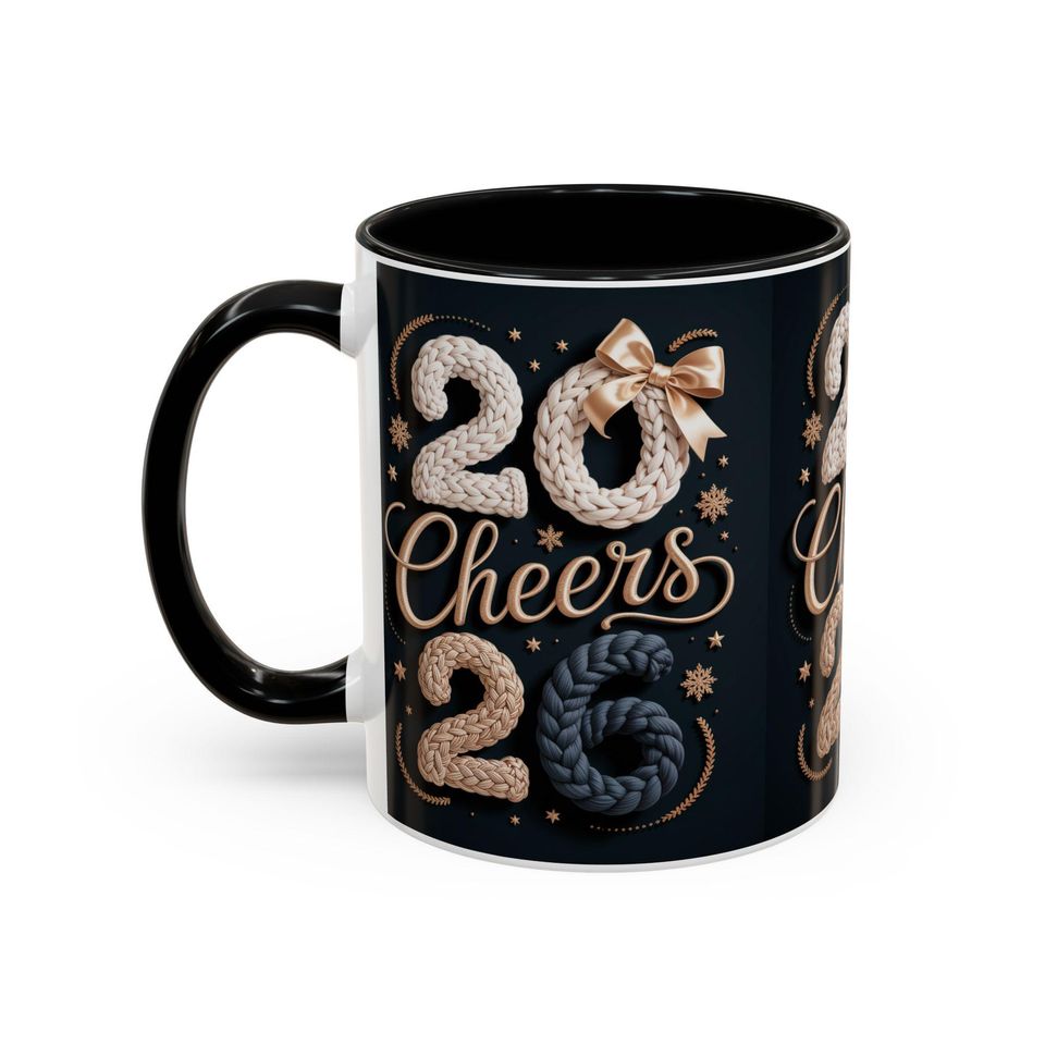 Cheers 2026 New Year Mug, Cozy Knit Style, Ceramic Coffee Cup