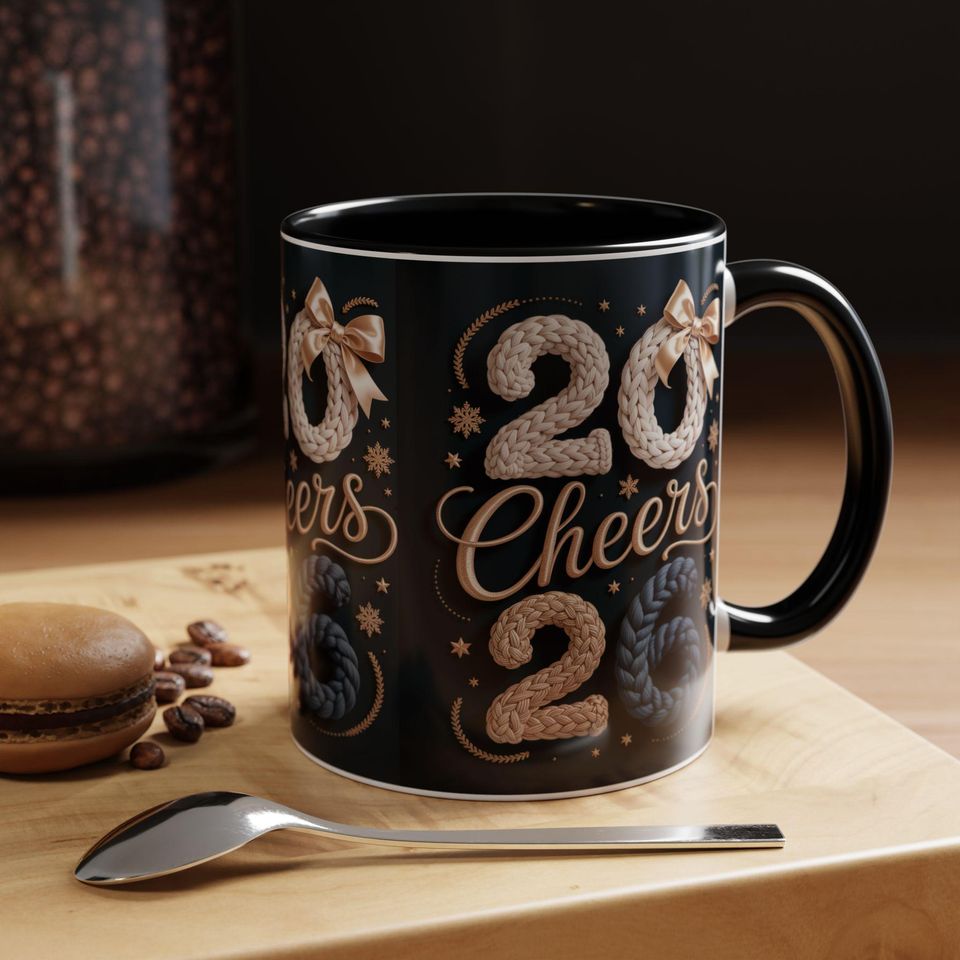 Cheers 2026 New Year Mug, Cozy Knit Style, Ceramic Coffee Cup