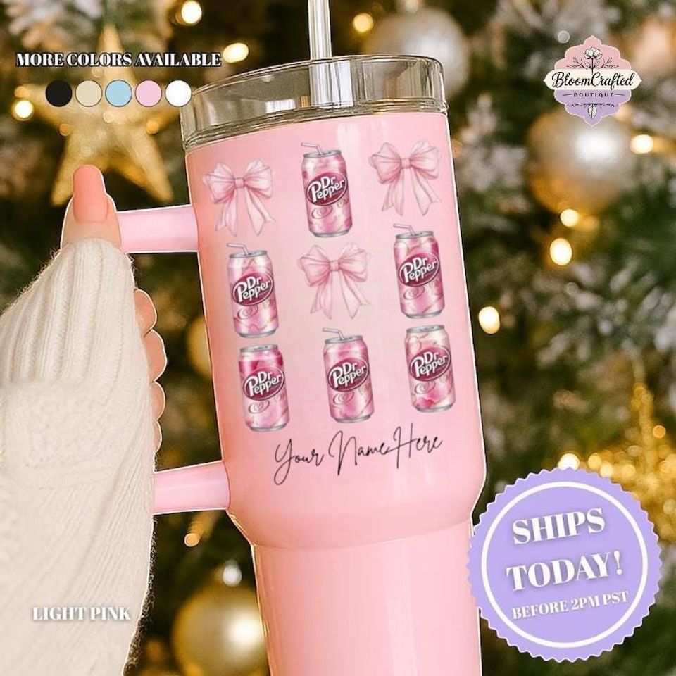 Coquette Dr Pepper Bow Tumbler Personalized Soda Lover Cup Custom Name Pink Gift