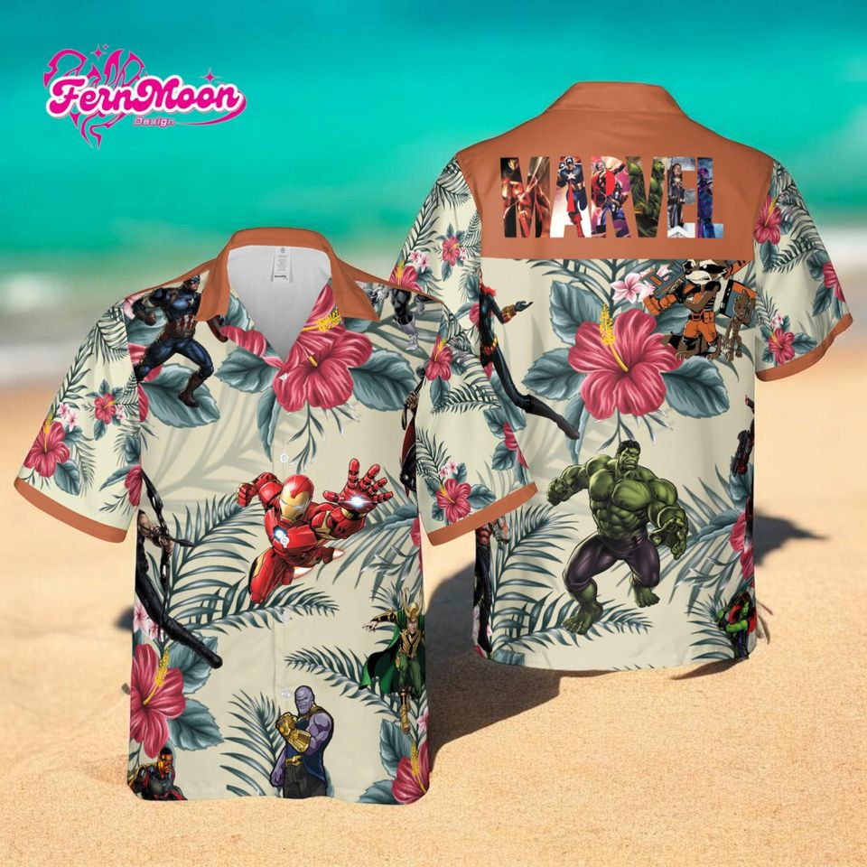 Marvel Hawaiian Shirt with Back Print, Superhero Tropical Button Down, Comic Beach Vacation Shirt