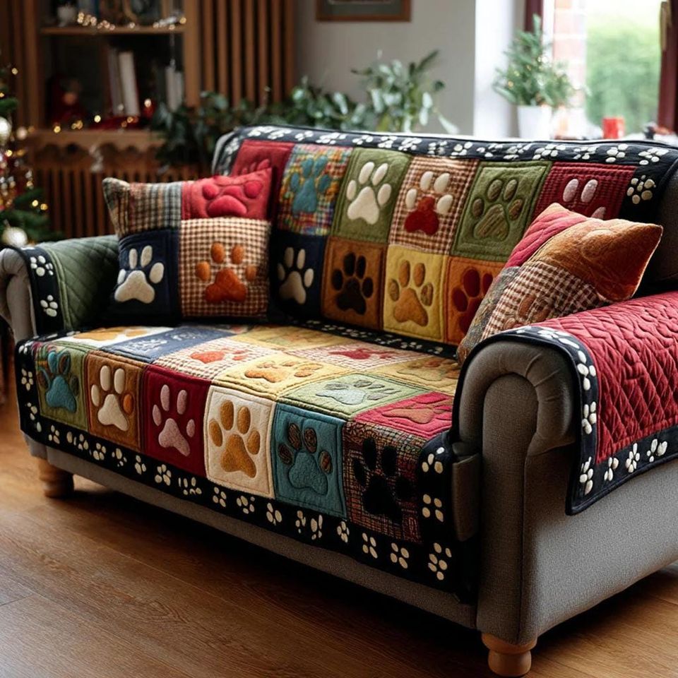[Pillow No Include]Paw Print Sofa Cover, Dog Lover Couch Throw, Cozy Pet Living Room Decor