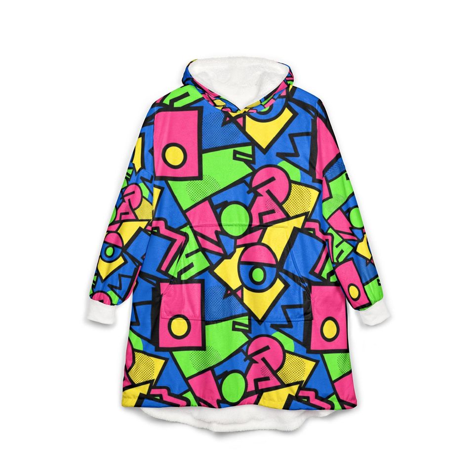 Neon Memphis Clash Blanket Hoodie Oversized Sherpa Wearable Blanket