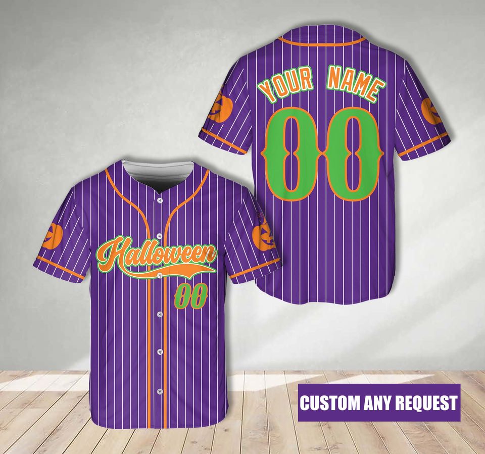 Custom Faux Glitter Halloween Baseball Jersey Personalized Spooky Season Stripe