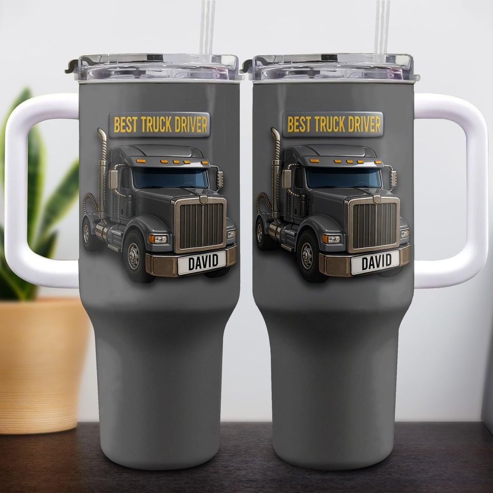 Personalized Truck Driver 40oz Tumbler With Handle, Custom Name Best Truck Driver Gift, Semi Truck Cup For Dad Husband, Trucker Appreciation