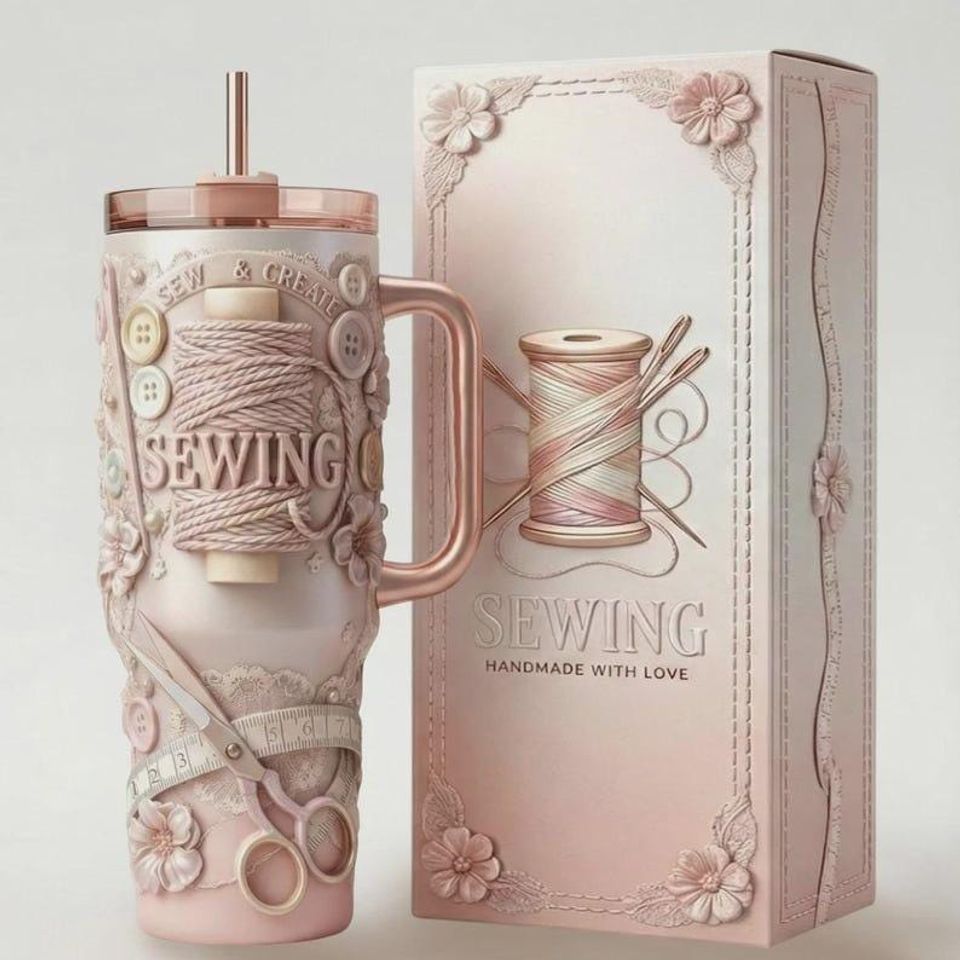 40oz Sewing Tumbler With Handle, Craft Lover Stainless Steel Cup, Handmade Sewing Theme Gift