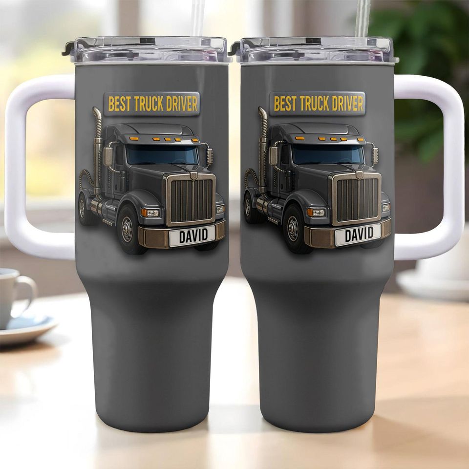 Personalized Truck Driver 40oz Tumbler With Handle, Custom Name Best Truck Driver Gift, Semi Truck Cup For Dad Husband, Trucker Appreciation
