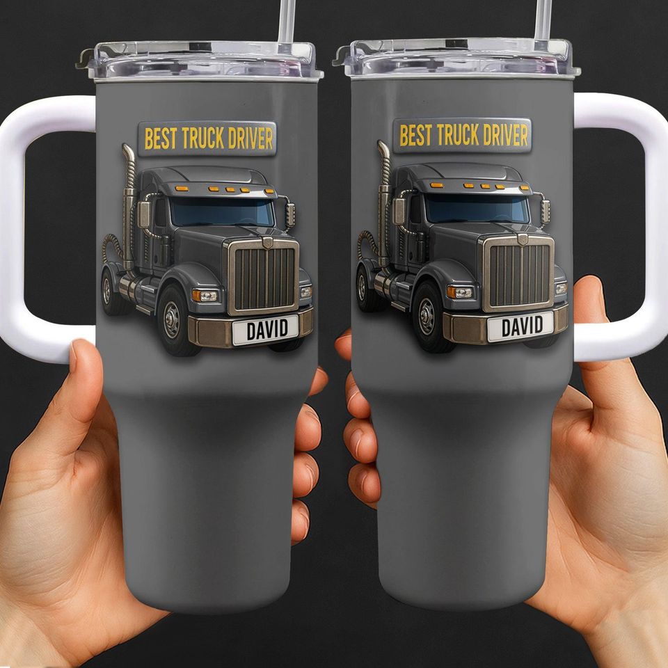 Personalized Truck Driver 40oz Tumbler With Handle, Custom Name Best Truck Driver Gift, Semi Truck Cup For Dad Husband, Trucker Appreciation