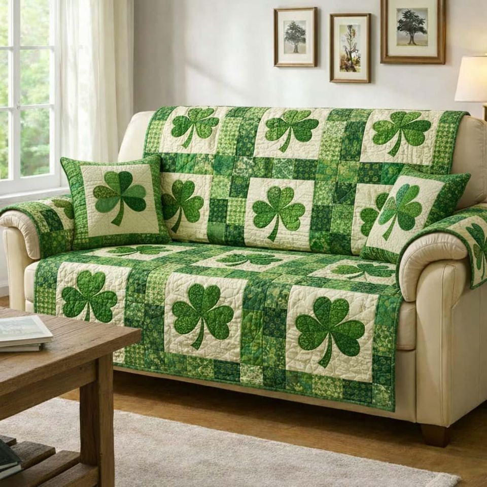 St Patrick's Day Shamrock Quilted Sofa Cover Green Clover Couch Protector Irish Lucky Decor