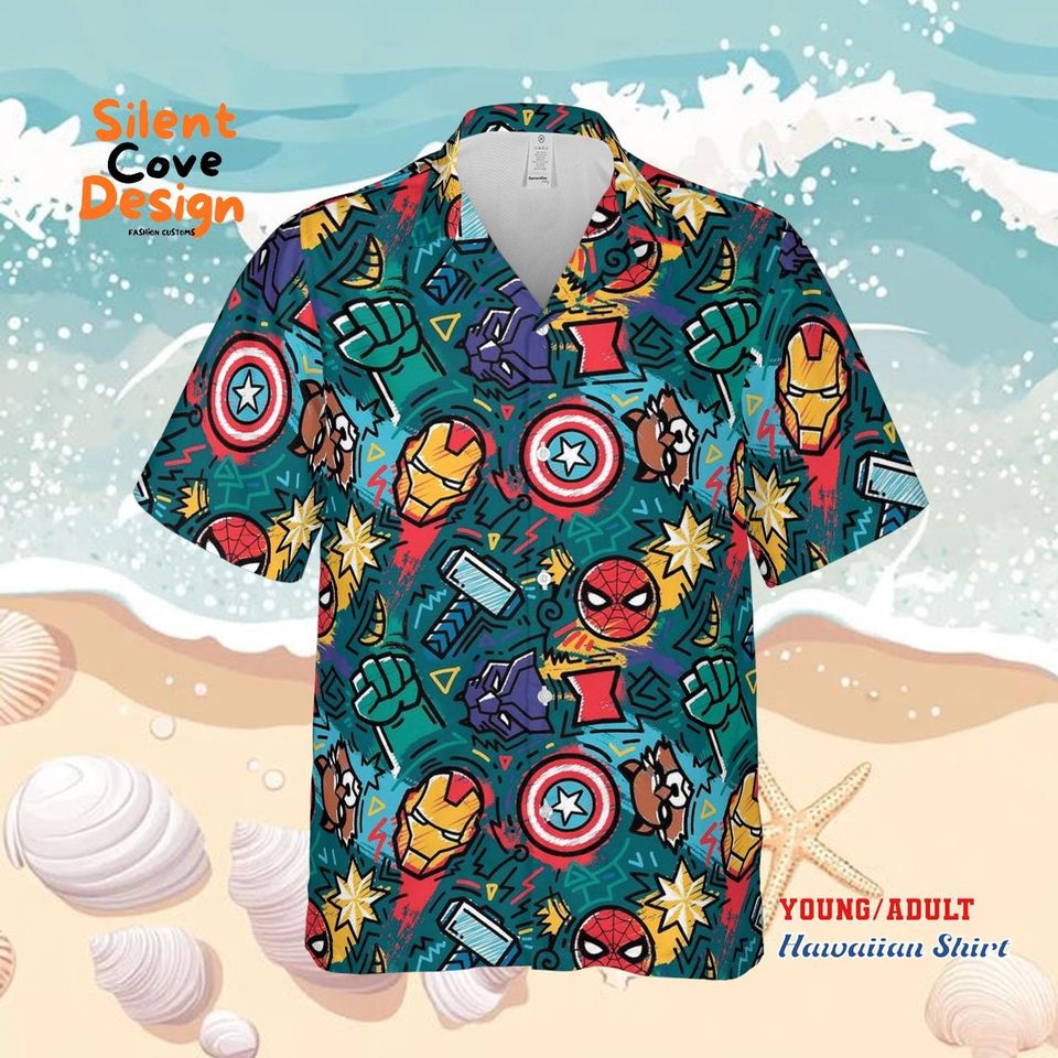 Marvel Superhero Hawaiian Shirt, Spider Man Iron Man Captain America Comic Button Up Shirt