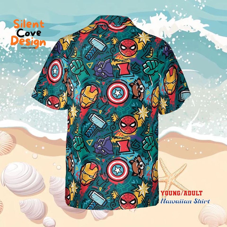 Marvel Superhero Hawaiian Shirt, Spider Man Iron Man Captain America Comic Button Up Shirt