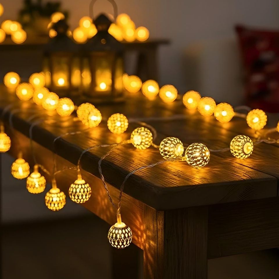 Moroccan Gold Globe LED String Lights | Battery Fairy Garland for Wedding, Home & Ramadan Decor