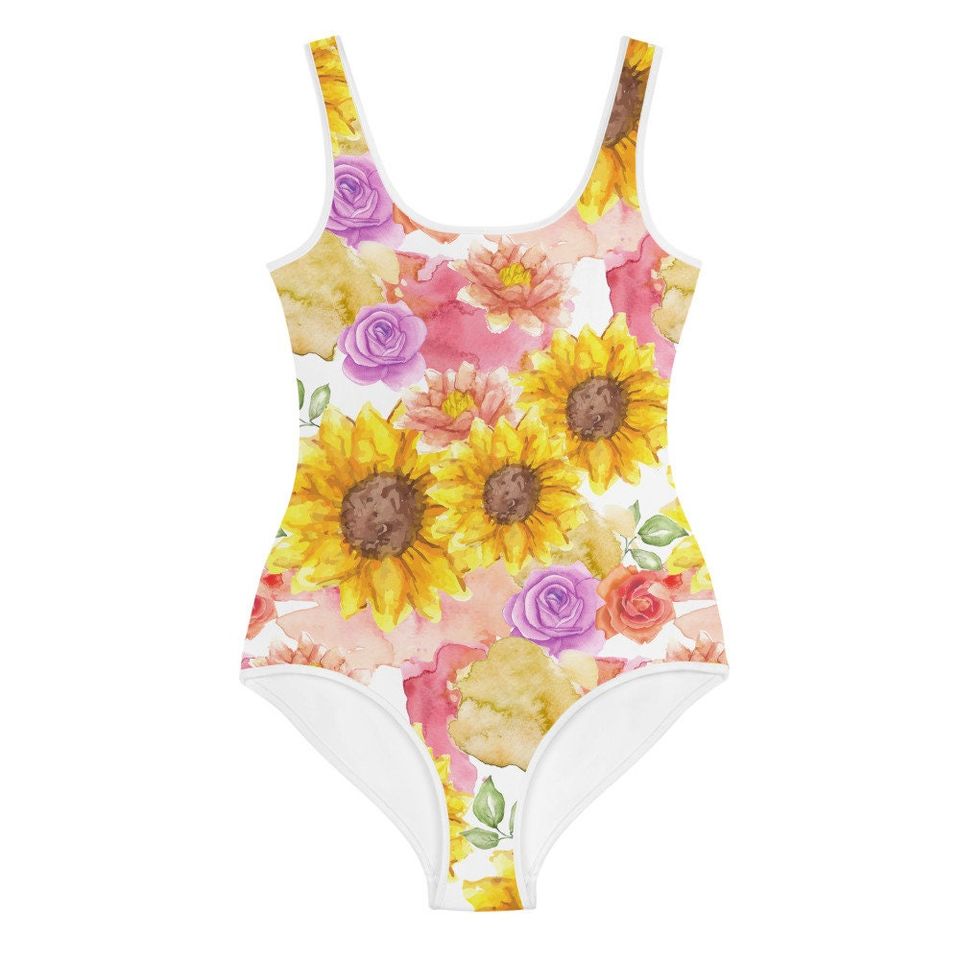 Sunflower & Floral Watercolor Painted Style One-piece Swimsuits