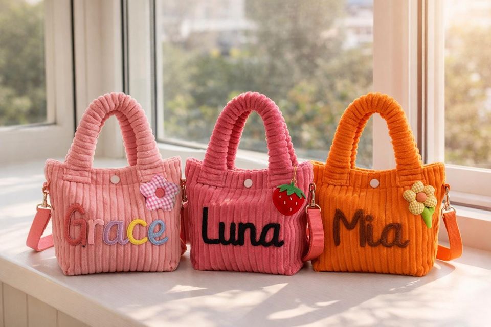 Custom Name Corduroy Crossbody, Embroidered Kids Shoulder Bag
