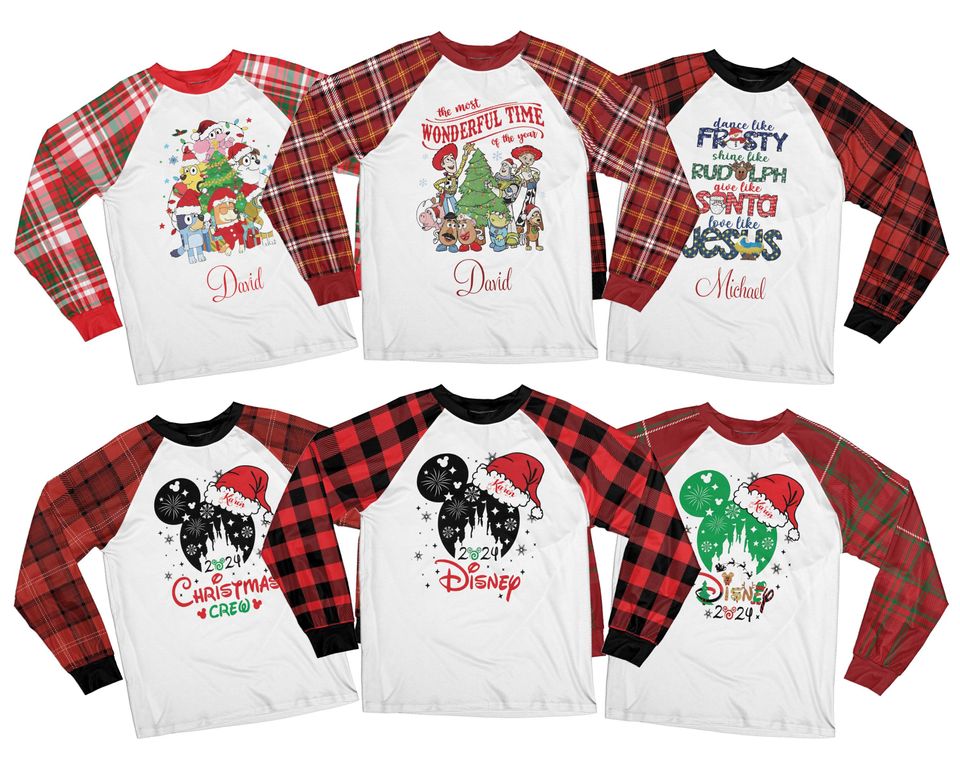 Personalized Christmas Disney Monogrammed Pjs, Funny Xmas Plaid Pjs, Custom Name Xmas