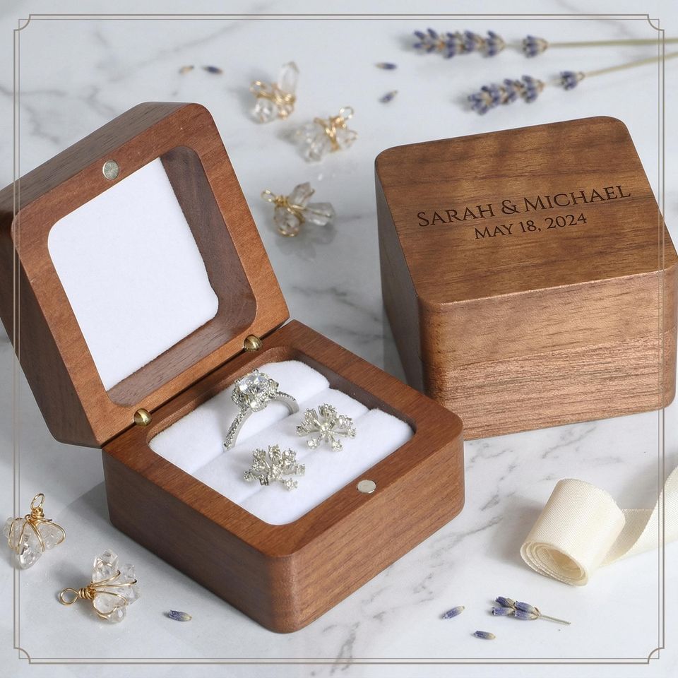Personalized Walnut Ring Box: Custom Engraved Wooden Wedding Ring Holder
