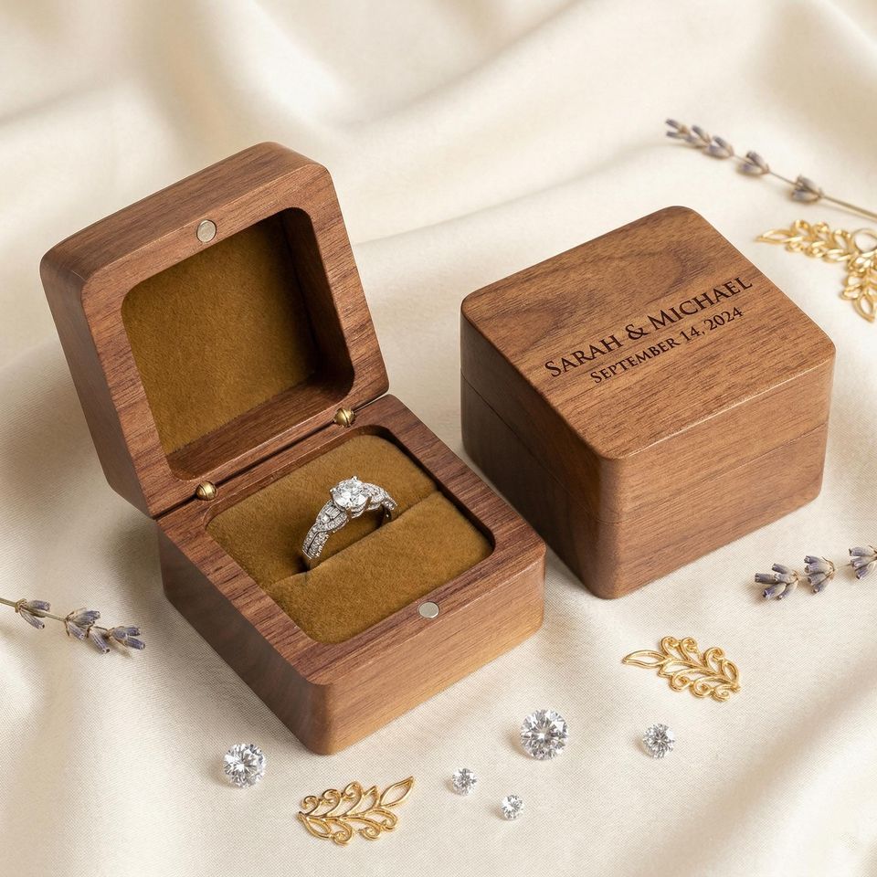 Personalized Walnut Ring Box: Custom Engraved Wooden Wedding Ring Holder