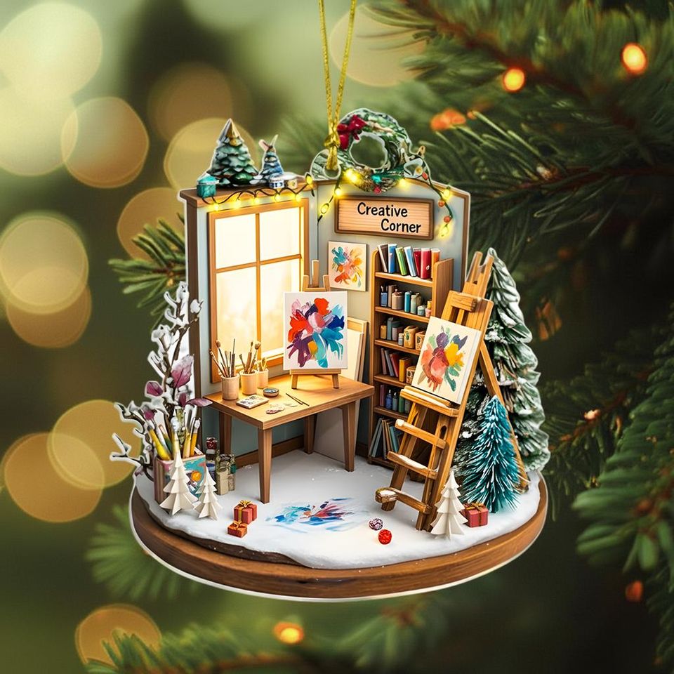 Artist Studio 2D Flat Ornament, Personalized Acrylic Christmas Gift, Creative Corner Decor