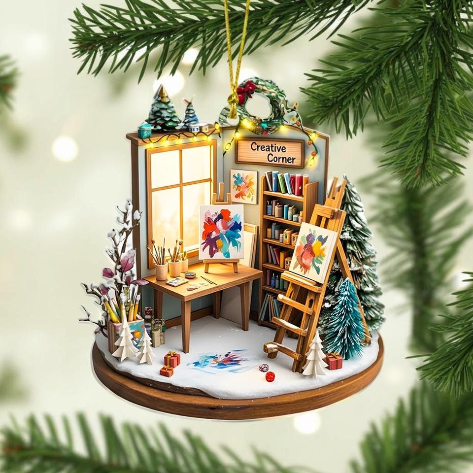 Artist Studio 2D Flat Ornament, Personalized Acrylic Christmas Gift, Creative Corner Decor