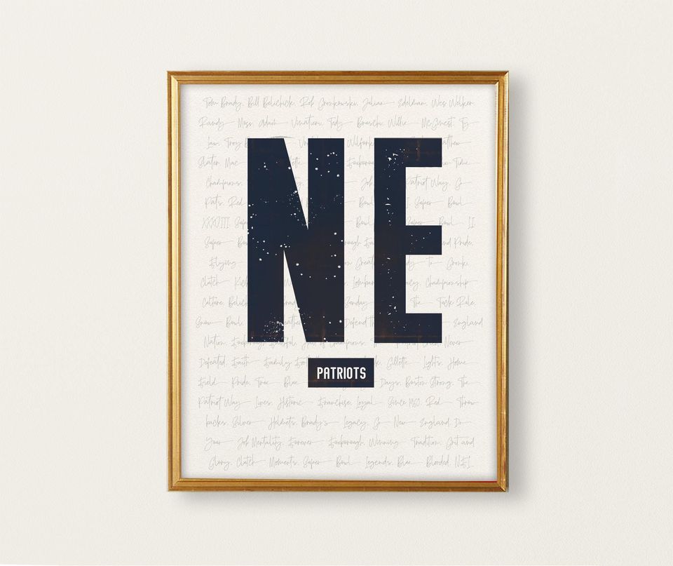 New England Patriots Wall Art | Vintage NE Print | Iconic Patriots Words & Phrases Typography Design | Navy Blue Football Decor
