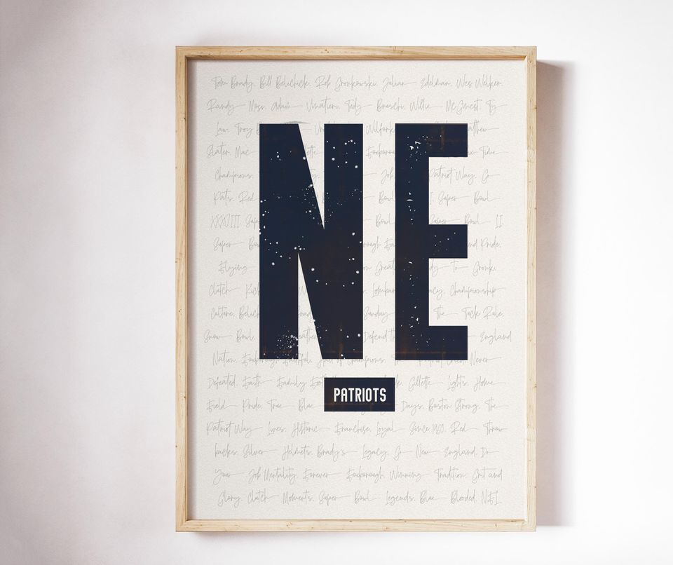New England Patriots Wall Art | Vintage NE Print | Iconic Patriots Words & Phrases Typography Design | Navy Blue Football Decor