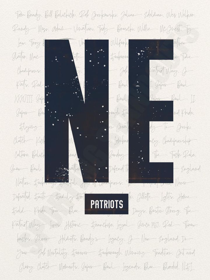 New England Patriots Wall Art | Vintage NE Print | Iconic Patriots Words & Phrases Typography Design | Navy Blue Football Decor