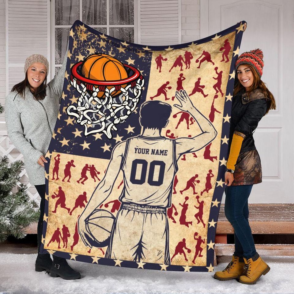 Personalized Basketball Player Blanket With American Flag