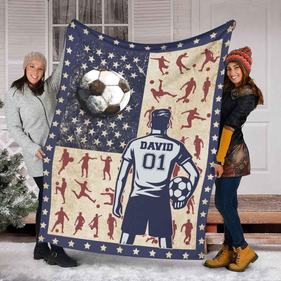 Personalized Soccer Player Blanket With American Flag, Custom Name & Number Soccer Blanket