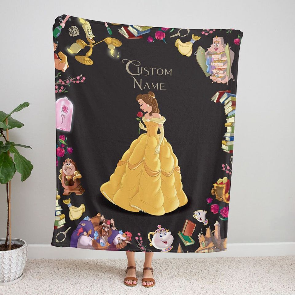 Personalized Name Princess Belle Blanket, Beauty And The Beast Fleece Mink Sherpa Blanket