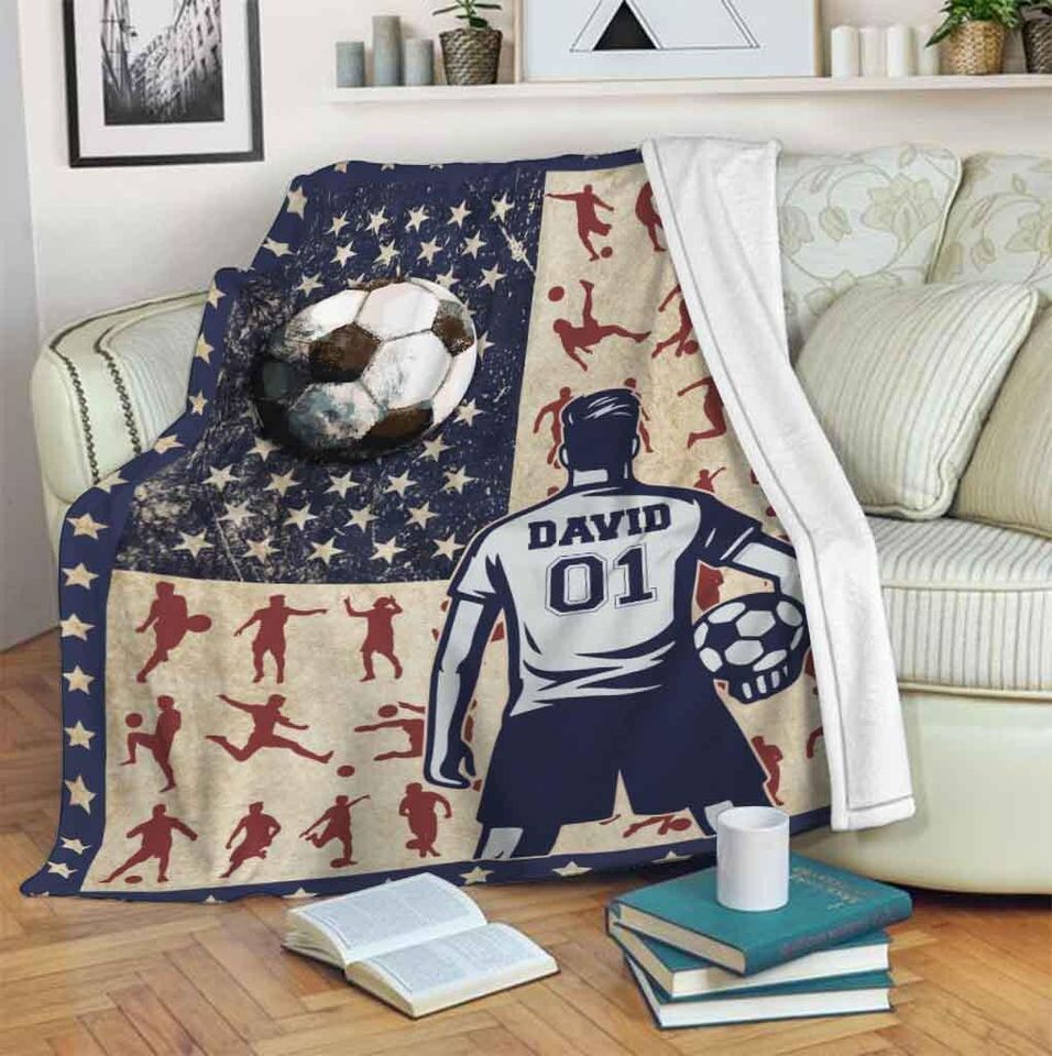 Personalized Soccer Player Blanket With American Flag, Custom Name & Number Soccer Blanket