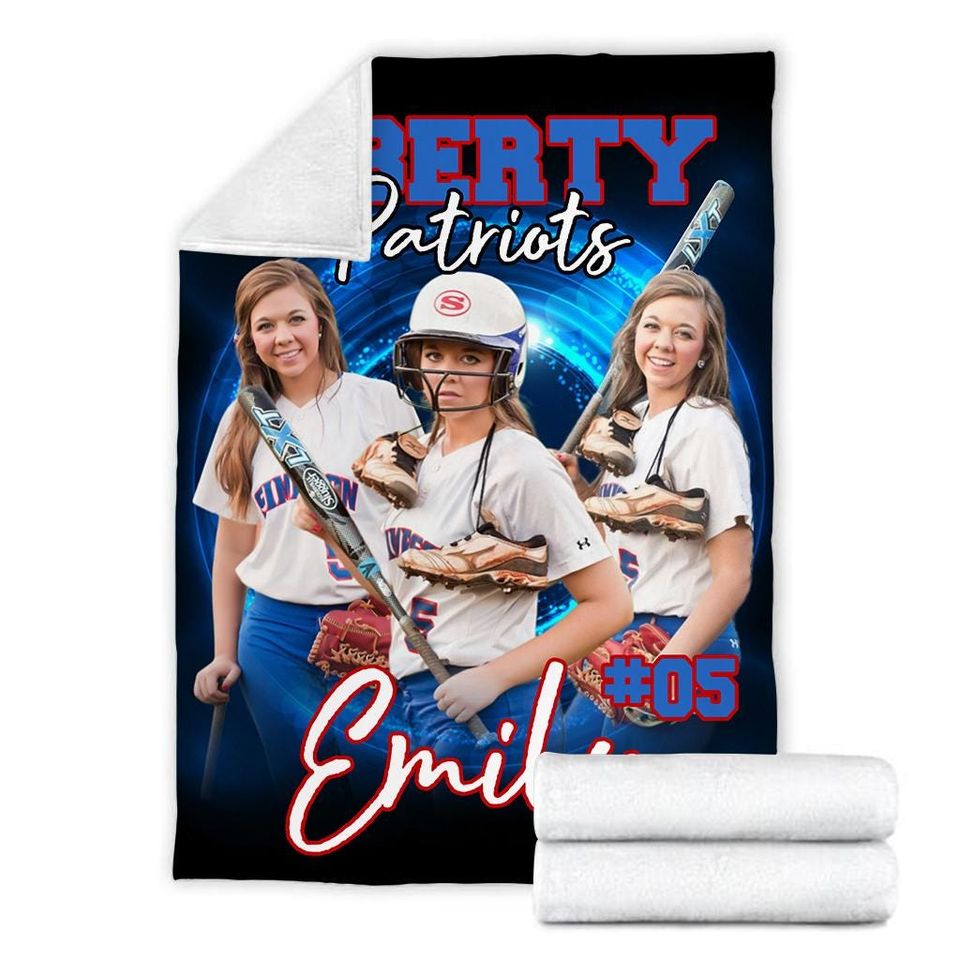 Custom Softball Player Photo Collage Blanket With Name & Number, Softball Blanket