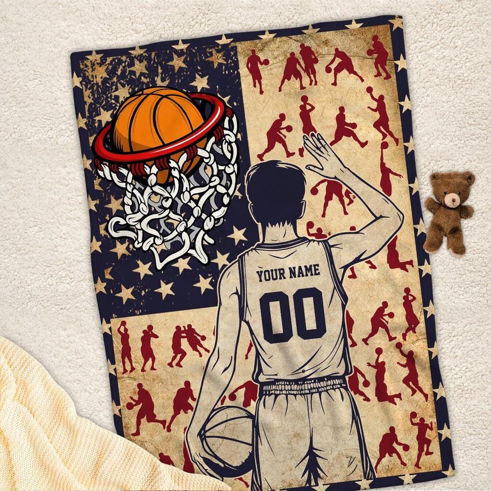 Personalized Basketball Player Blanket With American Flag