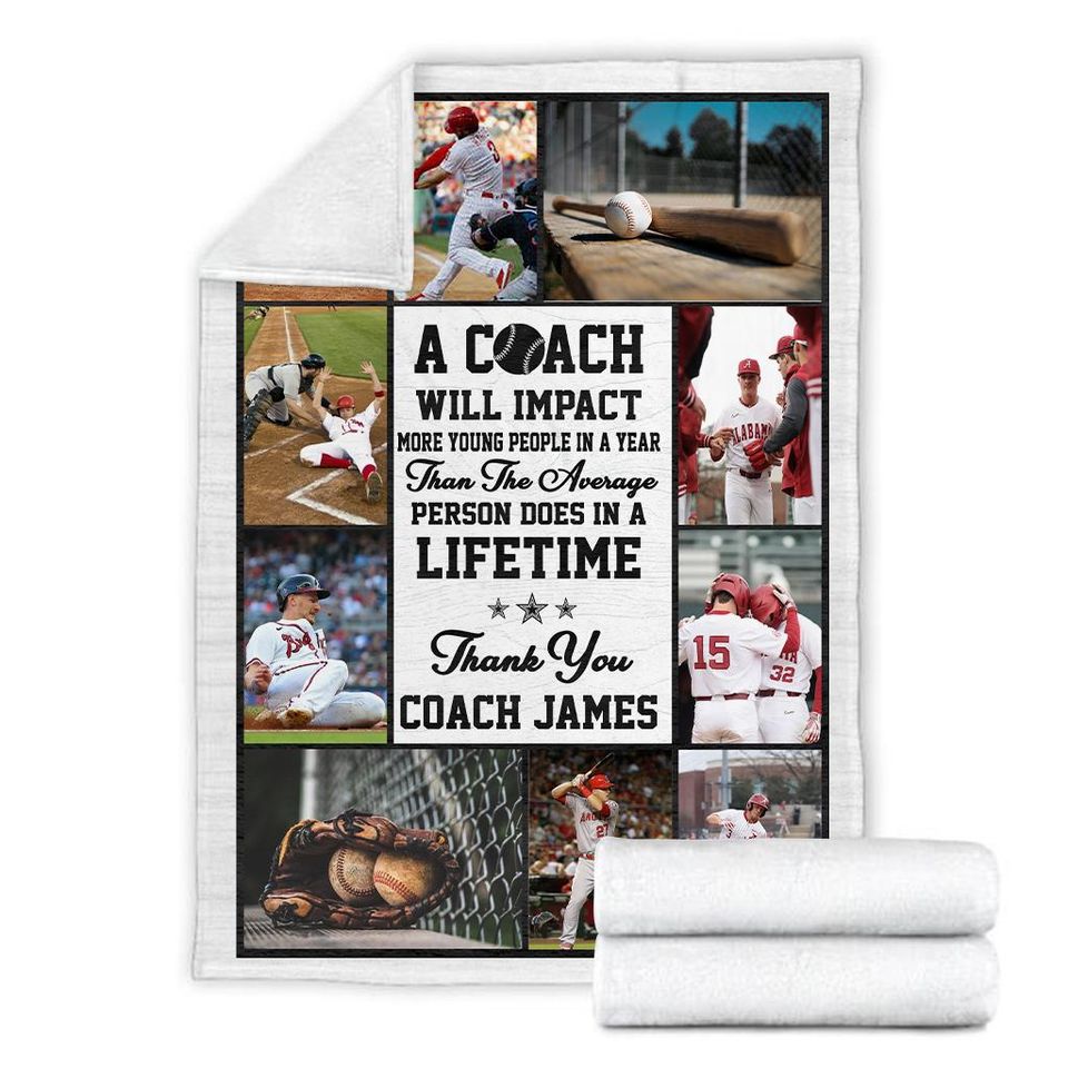 Personalized Baseball Photo Collage Blanket For Coach, Custom Baseball Coach Blanket