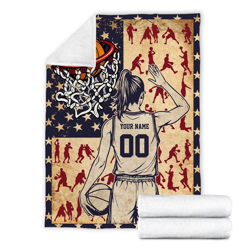 Personalized Basketball Player Blanket With American Flag