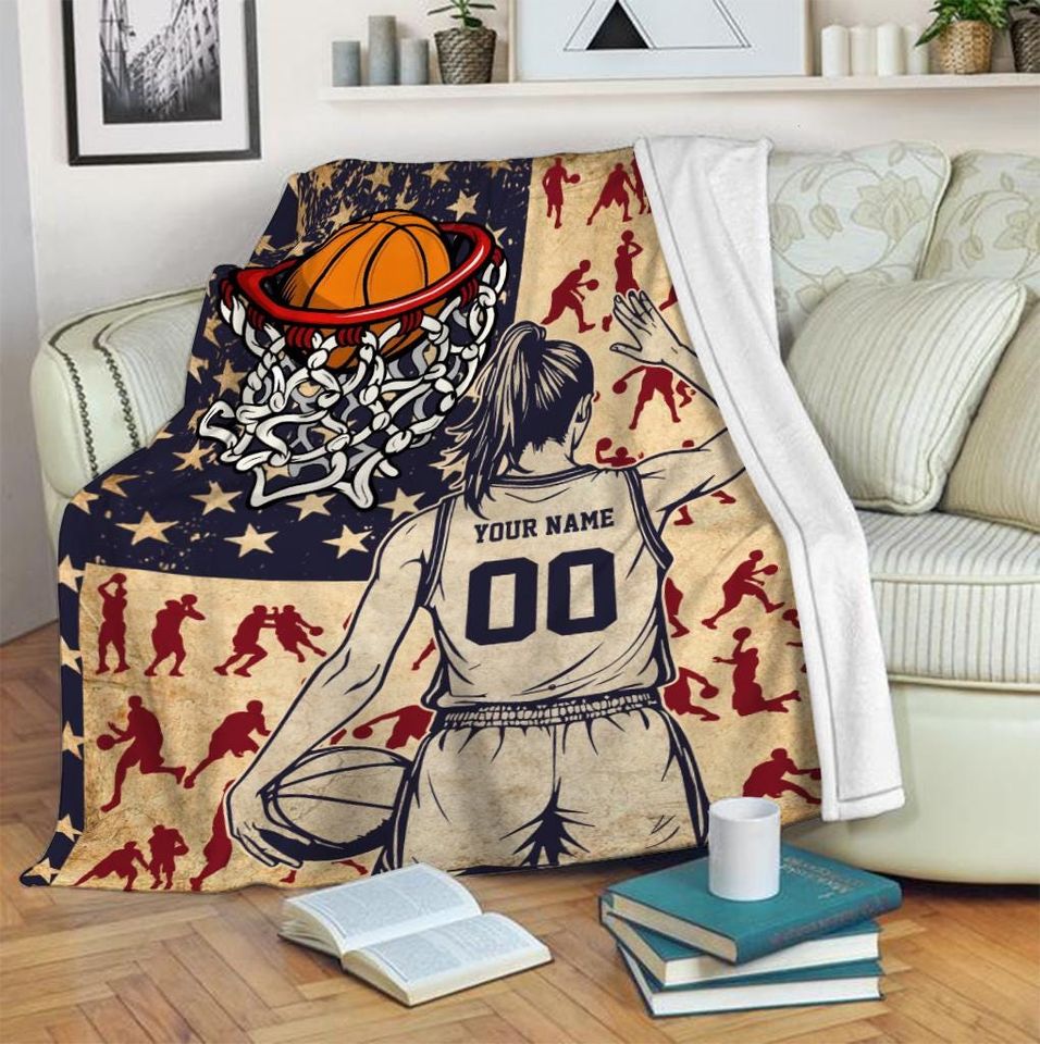 Personalized Basketball Player Blanket With American Flag