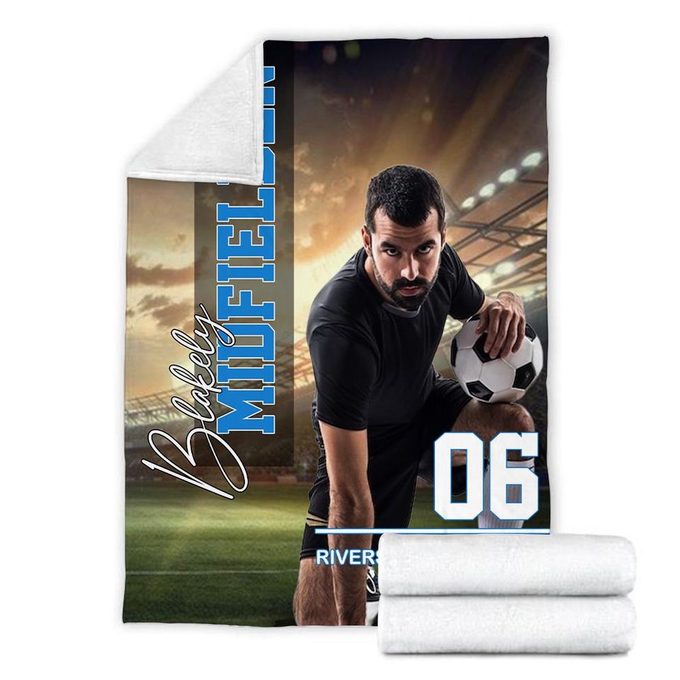 Customized Soccer Player Photo Blanket With Name & Number, Custom Soccer Blanket
