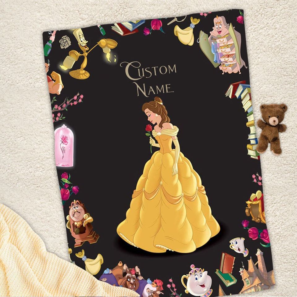 Personalized Name Princess Belle Blanket, Beauty And The Beast Fleece Mink Sherpa Blanket